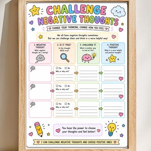 May include: A framed print with the text "CHALLENGE NEGATIVE THOUGHTS". The colorful design includes steps to change thinking and feel better. It features illustrations of a cloud, magnifying glass, brain, and star, with space to write.
