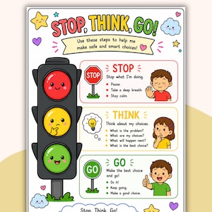 May include: A colorful educational poster with the text "STOP, THINK, GO!" and illustrations of a traffic light and children. The poster teaches steps for making safe and smart choices, with a focus on pausing, thinking, and making good choices.