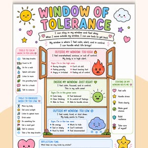 May include: A colorful educational poster titled Window of Tolerance featuring a central window graphic divided into three zones: high, just right, and low. It includes text, icons, and lists of coping strategies for emotional regulation and mental health.