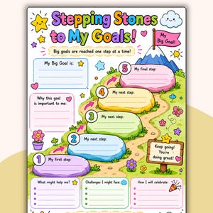 May include: A vibrant, illustrated chart titled "Stepping Stones to My Goals!" features a path with numbered steps, prompts for goal setting, and motivational phrases. The design includes stars, flowers, and a mountain scene.