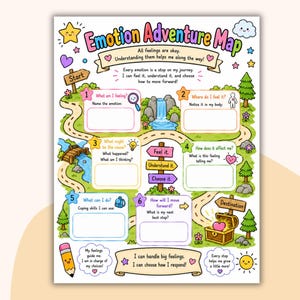 Peut inclure: Une fiche d'activité Emotion Adventure Map colorée présentant un chemin sinueux à travers un paysage avec des étapes numérotées de un à six. La page inclut des invites textuelles pour identifier les émotions, sensations et stratégies.