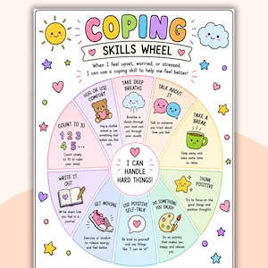 May include: A colorful coping skills wheel with illustrations and text. The wheel includes sections for taking deep breaths, talking about feelings, and thinking positively. The text reads, "I can handle hard things!" and "I have skills. I can cope. I am strong!"
