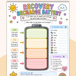 Recovery Recharge Battery Worksheet For Kids. Emotional Regulation Tools. Self Regulation. ADHD Support.