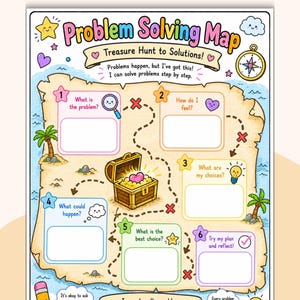 May include: A colorful Problem Solving Map worksheet featuring a treasure hunt theme with six numbered steps, a central treasure chest, a compass, and palm trees. The text includes Problem Solving Map, Treasure Hunt to Solutions, and prompts.