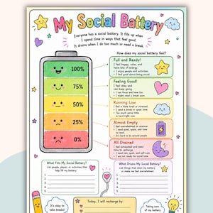 May include: A colorful infographic titled "My Social Battery" with a battery graphic showing levels from 100% to 0%. The chart includes sections on how the battery feels, what fills it, and what drains it. Includes text.