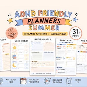 Peut inclure: Un ensemble de pages de planification imprimables intitulées ADHD FRIENDLY PLANNERS SUMMER, comprenant 31 pages dont un agenda quotidien, une liste de contrôle hebdomadaire, un suivi de gratitude, une matrice de priorité et un suivi d'humeur.