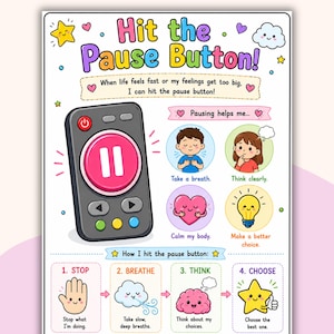 Può includere: Un poster colorato con il testo "Hit the Pause Button!" presenta un telecomando a fumetti con un pulsante di pausa rosa. Il poster illustra i passaggi per gestire i sentimenti, tra cui la respirazione e il pensiero, con simpatiche illustrazioni.
