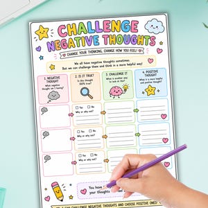 May include: A colorful, illustrated worksheet titled "CHALLENGE NEGATIVE THOUGHTS." The worksheet includes prompts to identify, question, and reframe negative thoughts. A hand holding a purple pencil is visible, suggesting active use of the worksheet. The theme is mental wellness.