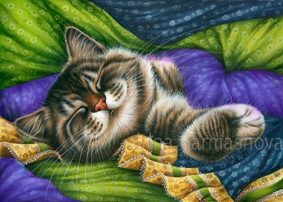 Tabby Cat ACEO Print Sleepy Nose by I Garmashova