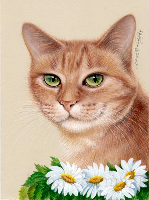 Ginger Cat Daisies Print by I Garmashova 