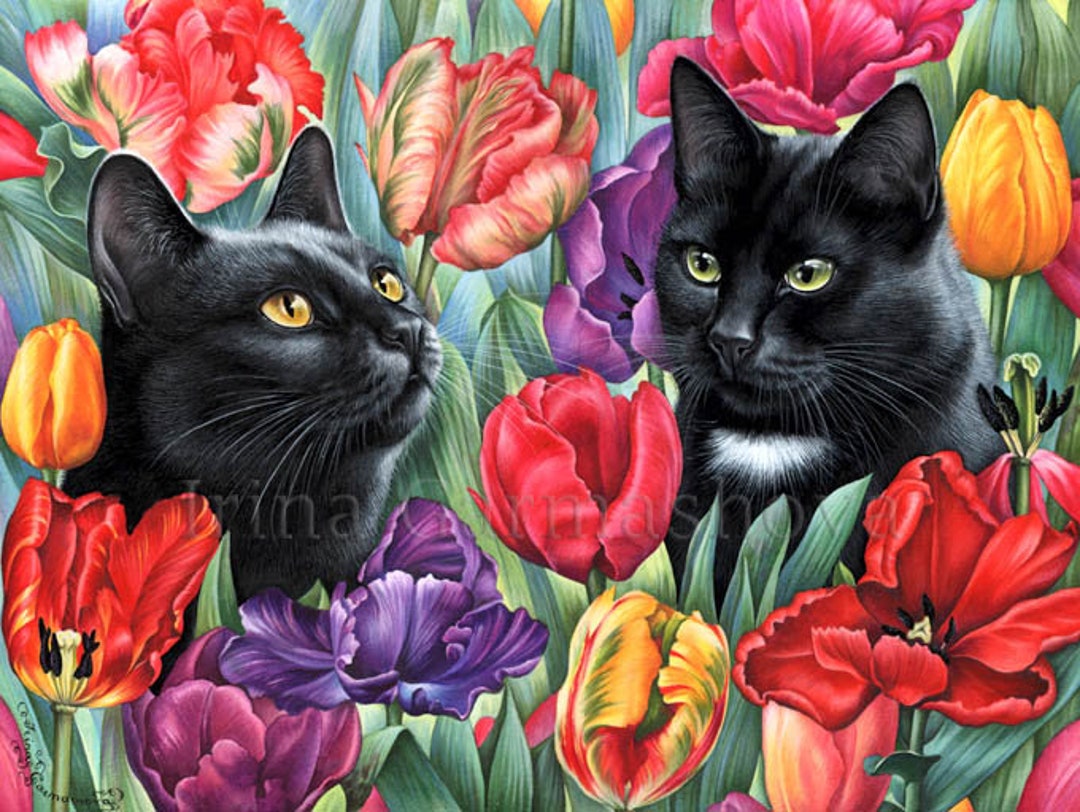 Black Cat Print Amongst the Tulips by Irina Garmashova Etsy