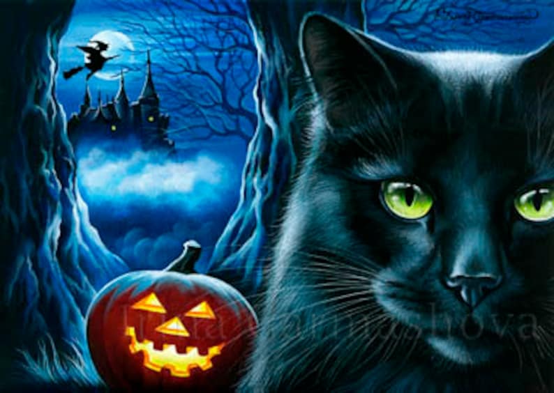 Halloween Cat ACEO Print Halloween Night by I Garmashova