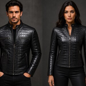 Chaqueta de cuero con relieve de cocodrilo, chaqueta de cuero para hombre y mujer, chaqueta de moto con estampado exótico hecha a mano, prenda de abrigo unisex.