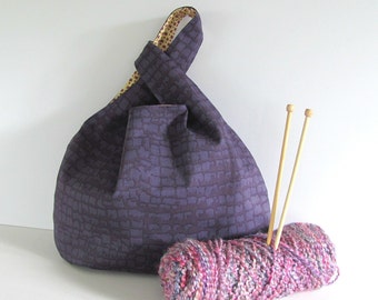 Knitting bag, Knitting tote - purple handbag, Gift for knitters Sweater knitting bag, Japanese knot bag,