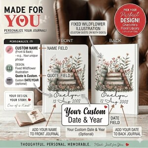 Personalized Stacked Books Wildflower Journal, Custom Name Date Diary, Floral Book Lover Notebook