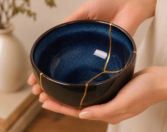 Blue Kintsugi Ceramic Bowl, Gold Veined Japanese Style Trinket Dish.