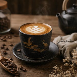 Könnte beinhalten: Ein schwarzes Keramik-Tassen- und Untertassen-Set mit einer goldenen Kranich-Illustration. Die Tasse ist mit einem heißen Latte gefüllt, der mit herzförmiger Milchschaumkunst verziert ist. Die Tasse hat eine texturierte Oberfläche mit zwei Kranichen.