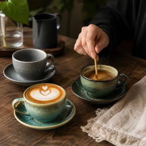 May include: A set of ceramic coffee cups and saucers in shades of green and gray. One cup contains a latte with heart-shaped foam art, while another holds dark coffee being stirred with a gold spoon. A dark gray creamer sits in the background.