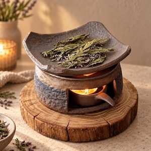 Peut inclure: Un brûle-parfum en céramique avec une finition texturée gris foncé et marron, doté d'un plat supérieur carré rempli de lavande séchée et de verdure. Une petite bougie chauffe-plat brûle à l'intérieur de la base, chauffant le récipient.