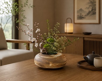 Wabi Sabi Ceramic Vase with Pin Frog,Low Stone Ikebana Flower Holder