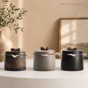 Wabi Sabi keramische pot met deksel, aardewerken bus met bamboe sluiting, rustieke keukenopbergpot.