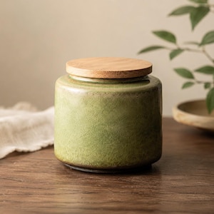 Japanese Ceramic Tea Canister with Bamboo Lid - Set of 2 Storage Jars, Handmade Wabi Sabi Pottery