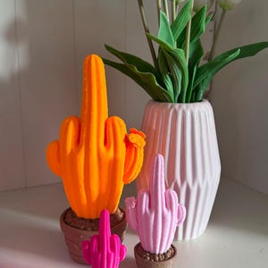 Könnte beinhalten: Drei Kaktusfiguren in Orange, Hellrosa und leuchtendem Pink, die jeweils eine Mittelfingergeste formen und in braunen, strukturierten Töpfen stehen, neben einer blassrosa Vase mit einem Strauß weißer Tulpenblüten.