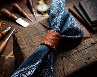 Hand-stitched Leather Scarf Slide, Rustic Bandana Ring, Western Neckwear Accessory