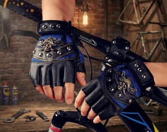 Studded Skull Fingerless Motorcycle Gloves, Vintage Biker Riding Gear