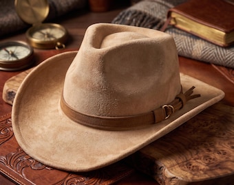 Sombrero vaquero de gamuza sintética, fedora western de ala ancha, accesorio de estilo ranchero bohemio