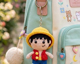 Porte-clés capitaine chapeau de paille crocheté à la main, pendentif de poupée en peluche anime, breloque de sac fan art
