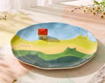 Plato de cerámica hecho a mano / Plato de postre de estilo rústico / Bandeja para joyas con diseño floral / Regalo de inauguración de casa