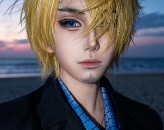 Perruque de cosplay courte et duveteuse Blond doré, Partie latérale des cheveux, Fibre synthétique résistante à la chaleur