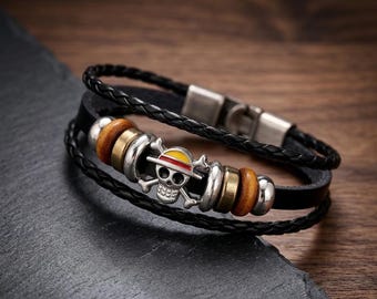 Bracelet en cuir de style anime, bracelet tête de mort pirate chapeau de paille, bracelet rétro tissé.