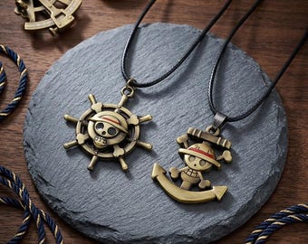 Collier vintage bronze chapeau de paille pirate crâne, pendentif ancre de roue de bateau