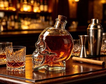 Decantador de vidro em formato de caveira com rolha | Garrafa transparente, ideal para uísque, rum e vodca | Decoração para bar em casa, presente de Halloween