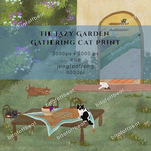 Lámina decorativa "Reunión de gatos en el jardín" con estampado de acuarela (descarga digital).