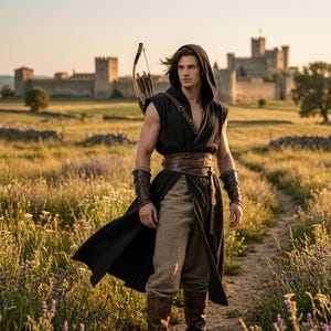 May include: A person in a black hooded tunic, brown leather belt, and arm bracers stands in a field with a bow and arrow. A castle and path through tall grass are in the background, under a warm sunset.