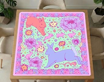 Mahjong-tafelmat pastel konijn – roze en paars ontwerp konijnen, bloemen, sterren