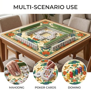 Mahjong setup on the colorful crane lotus mat, with inset circles showing close‑ups of mahjong tiles, poker cards and domino style tile games on the bright patterned surface.