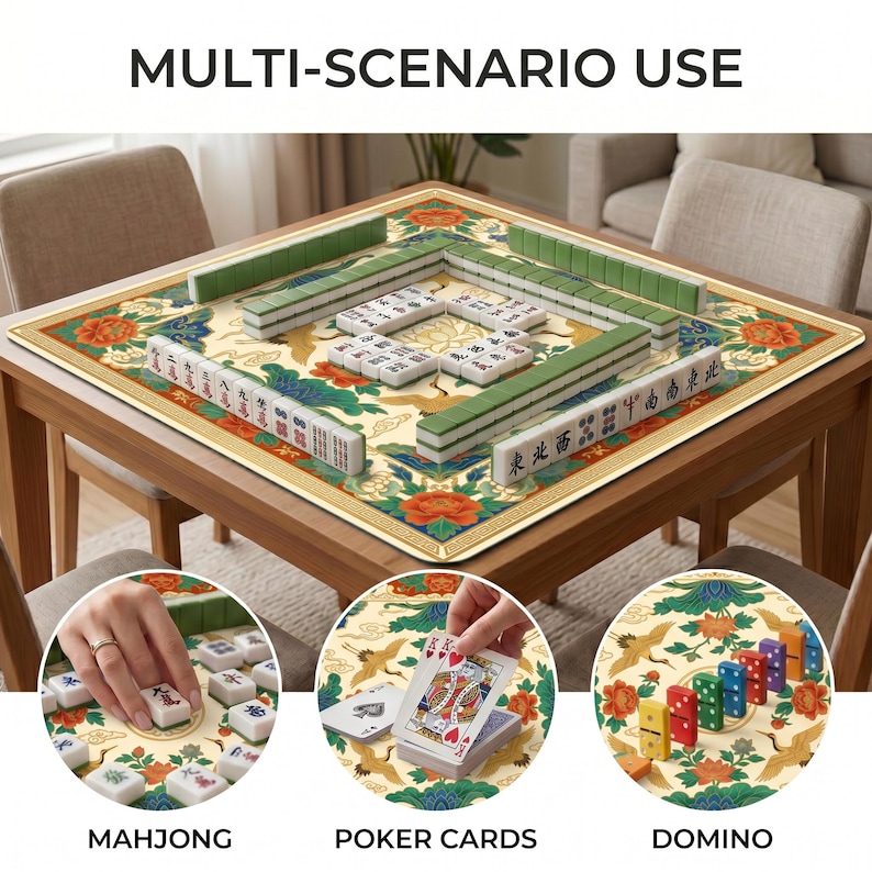 Mahjong setup on the colorful crane lotus mat, with inset circles showing close‑ups of mahjong tiles, poker cards and domino style tile games on the bright patterned surface.