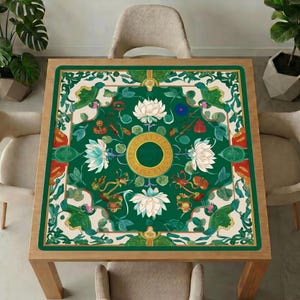 Top view of the green game table mat on a square wooden table, highlighting the white lotus flowers, vines and central gold medallion design.