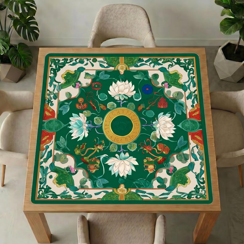 Top view of the green game table mat on a square wooden table, highlighting the white lotus flowers, vines and central gold medallion design.