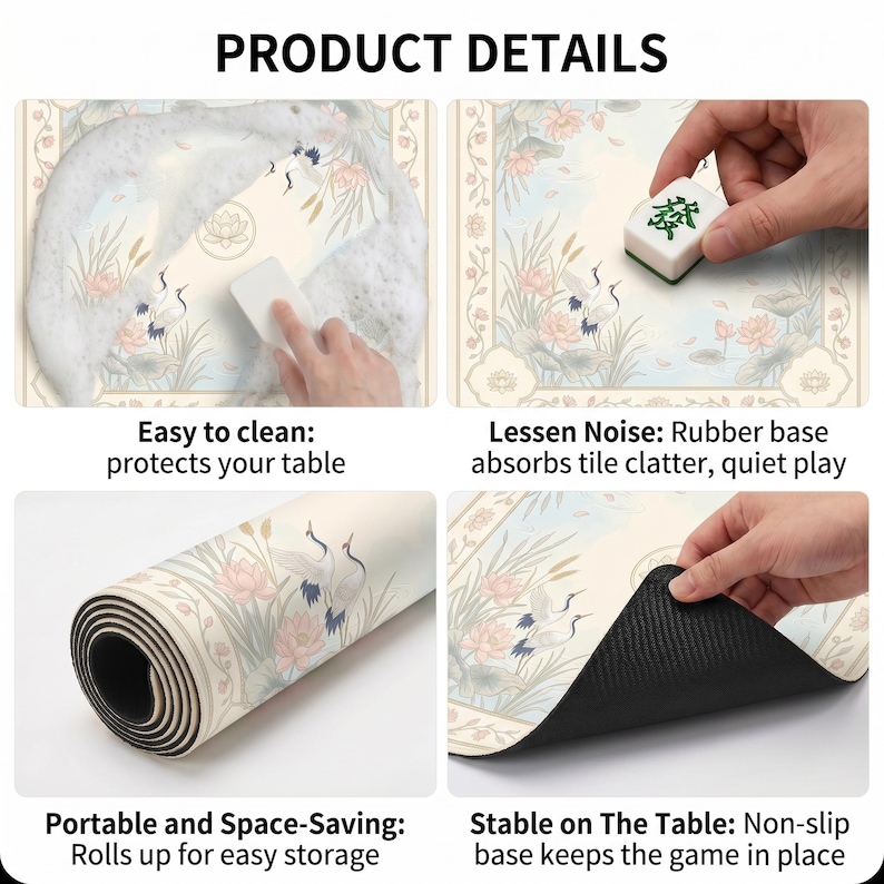 Product detail collage showing the crane lotus table mat being washed with foam, used under tiles, rolled for storage and lifted to reveal the black non‑slip rubber backing.