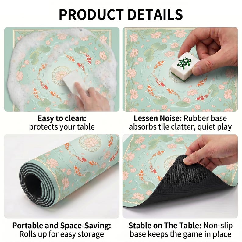 Product detail collage showing the koi and lotus mahjong mat being washed with foam, used under tiles, rolled up for storage and lifted to reveal the textured non‑slip rubber backing.