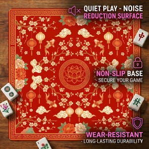 Close‑up of the red lantern koi lotus mahjong mat on a wooden table, with overlay text showing quiet noise‑reduction surface, non‑slip base and wear‑resistant durability.
