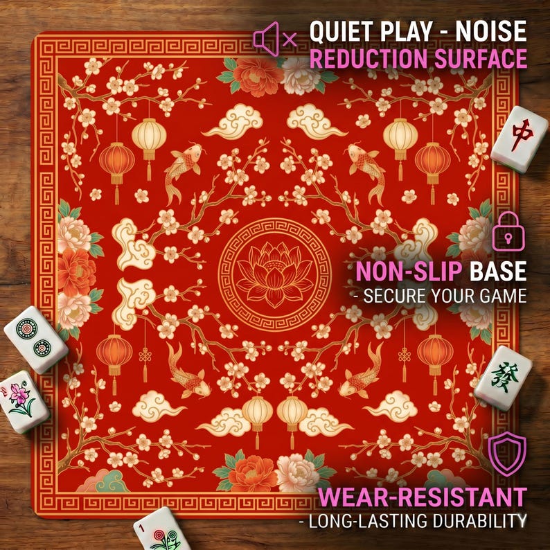 Close‑up of the red lantern koi lotus mahjong mat on a wooden table, with overlay text showing quiet noise‑reduction surface, non‑slip base and wear‑resistant durability.