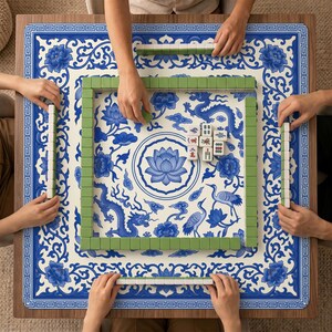 Four players’ hands arranging mahjong tiles on the blue and white dragon lotus mahjong mat, showing the central lotus blossom and surrounding dragons and cranes.