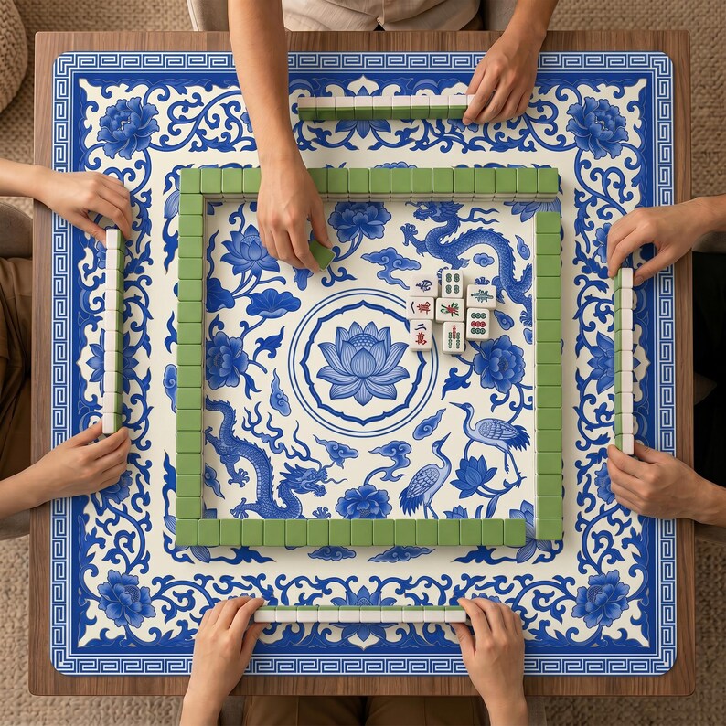 Four players’ hands arranging mahjong tiles on the blue and white dragon lotus mahjong mat, showing the central lotus blossom and surrounding dragons and cranes.