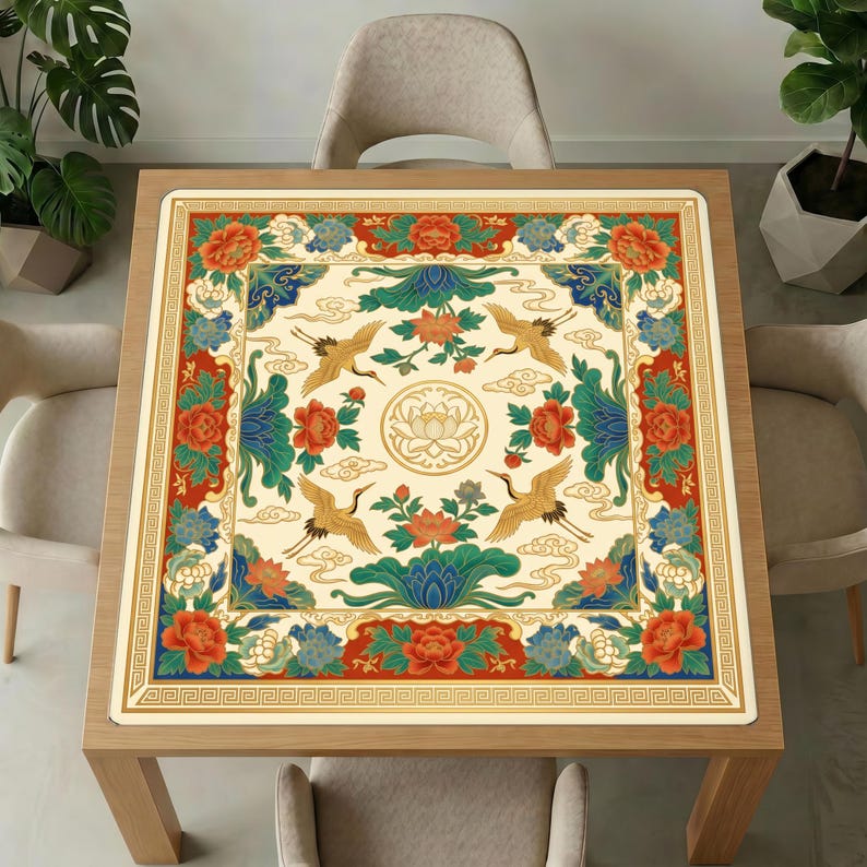 Wooden dining table with beige chairs and plants, topped with the colorful crane lotus mahjong table mat showing the full ornate border and central lotus design.